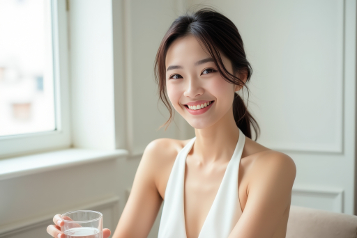 젊은 여자가 물잔을 들고 있는 모습