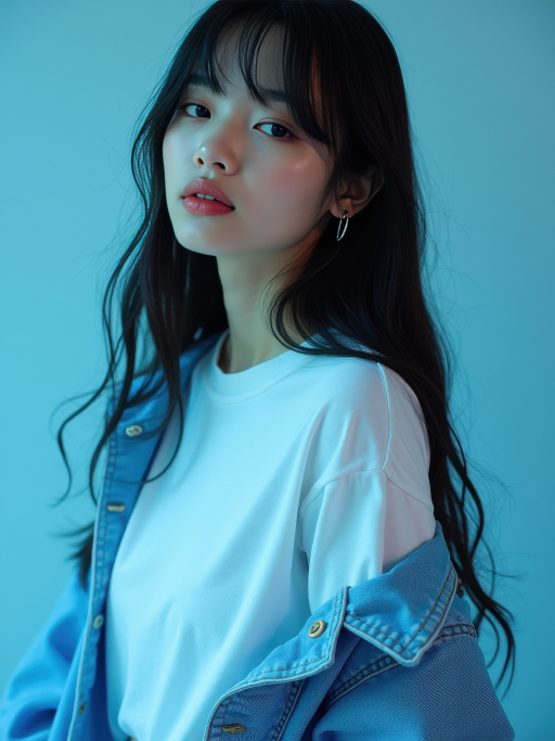 흰색 셔츠와 데님 재킷을 입은 젊은 여성.