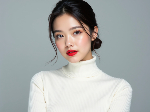 흰 터틀넥 스웨터 입은 젊은 여성