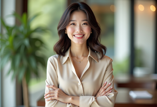 베이지색 셔츠를 입은 여성
