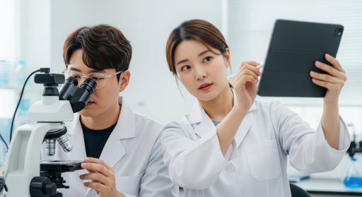 과학자들이 현미경 검사 중